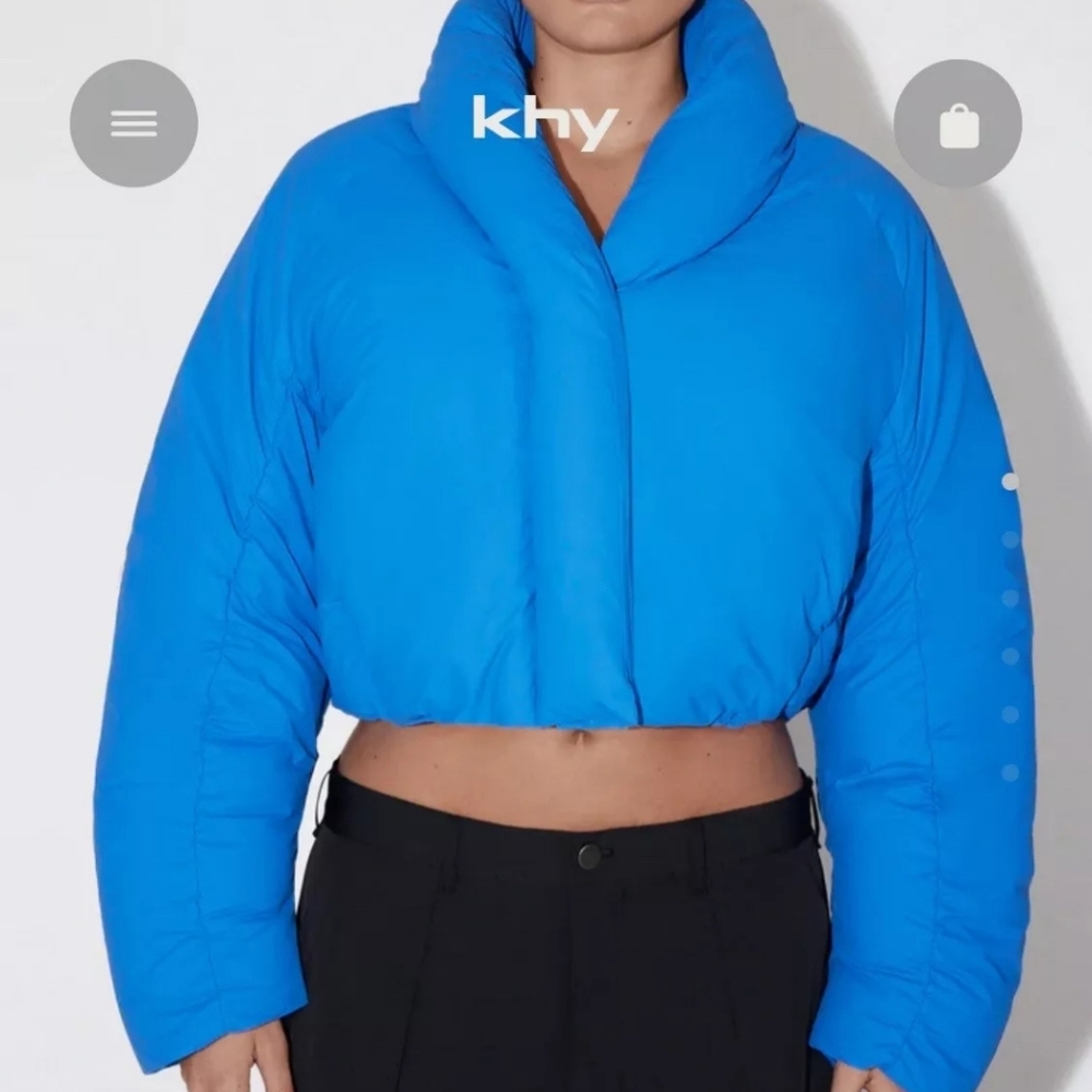 KHY x ENTIRE STUDIOS Cropped oversized nylon puffer jacket cobalt blue